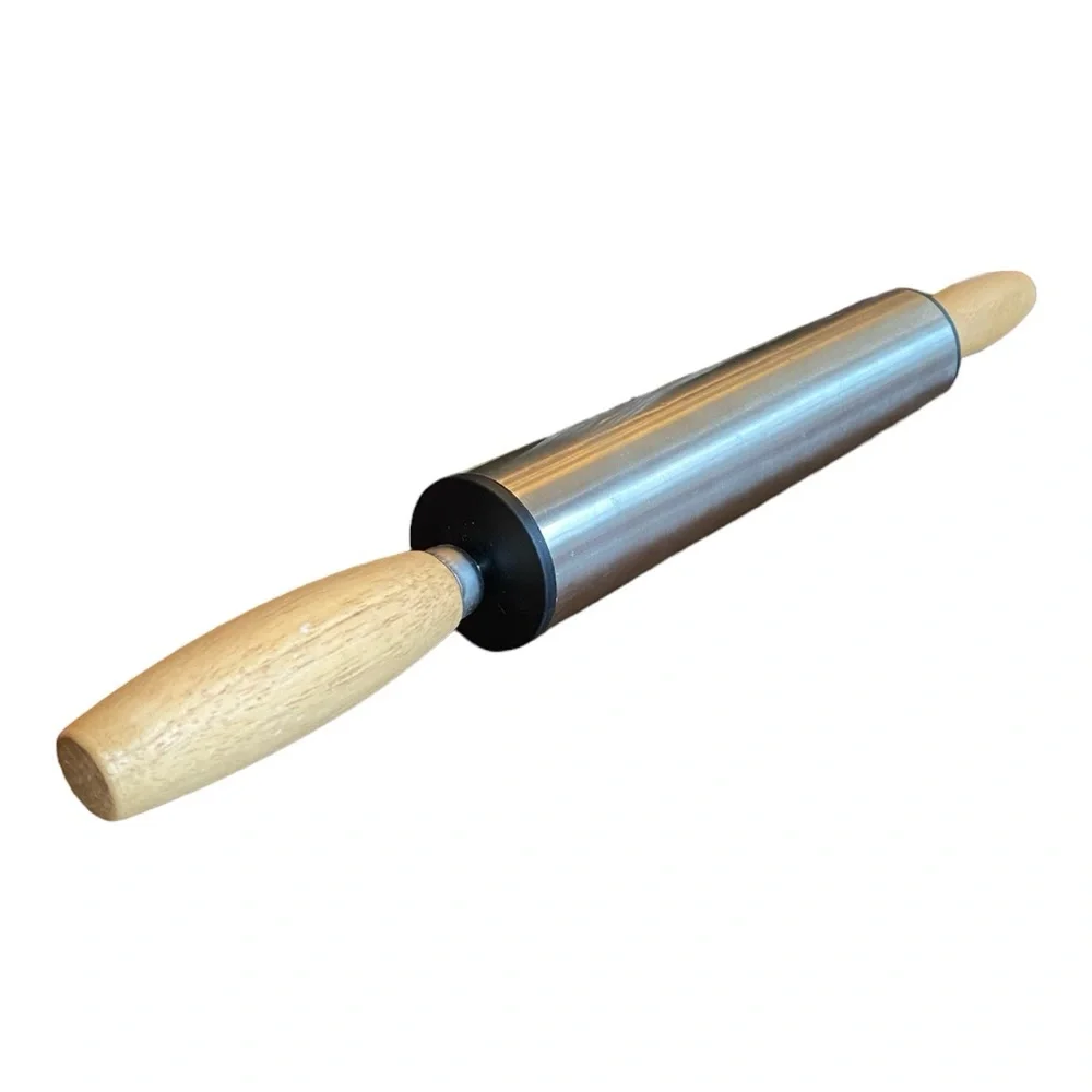 Stainless Steel rolling pin with wooden handles 19.25” x 6.5” VGUC
